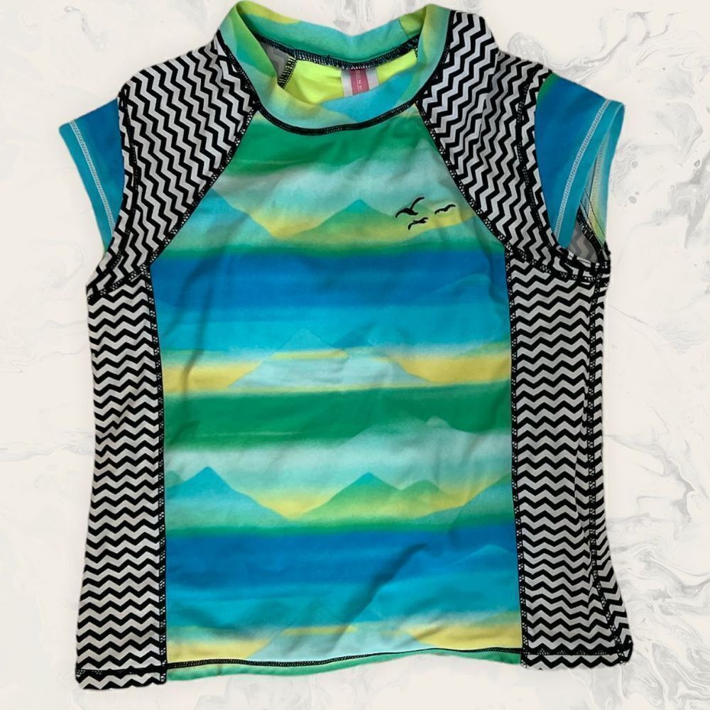 Gossip Girl Girls Short Sleeve Rashguard - Size 14 - Blue/ Green